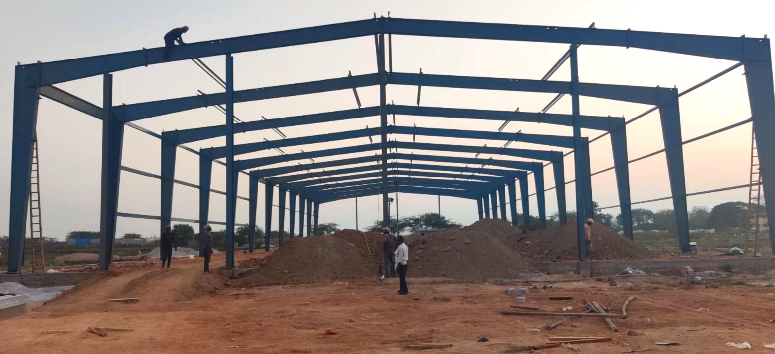 Steel structure frame with multiple levels during industrial construction